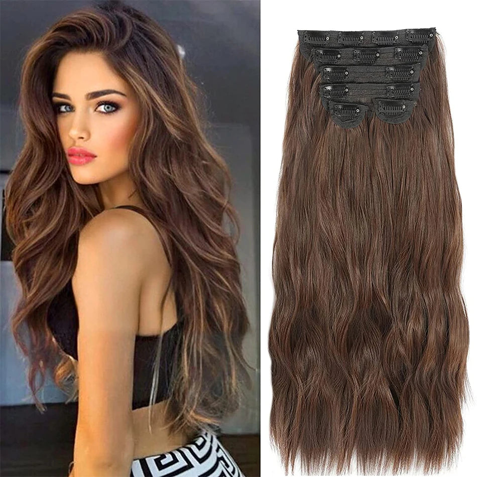 Extensions Long Synthetic Clip In Hair Wavy Clip In Hair Extensions 6Pcs/Set Piece Synthetic Ombre Blonde Brown Thick Hairpieces