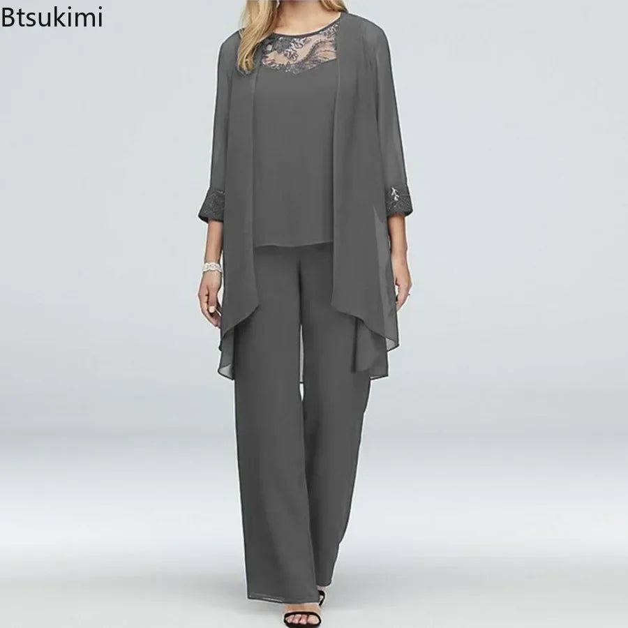 Women's Elegant Pant Sets Formal Office Ladies Oversized Chiffon Lace Suits Straight Pant Cardigan Tops 3 Pieces Sets Woman