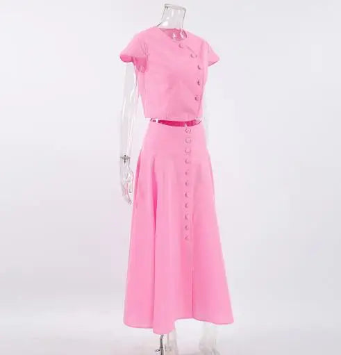 Skirts Sets Summer Sweet Pink Cotton High Waist V-Neck Skirt Set Fashion Women's Two Piece Set New Fashion Skirts Outfits