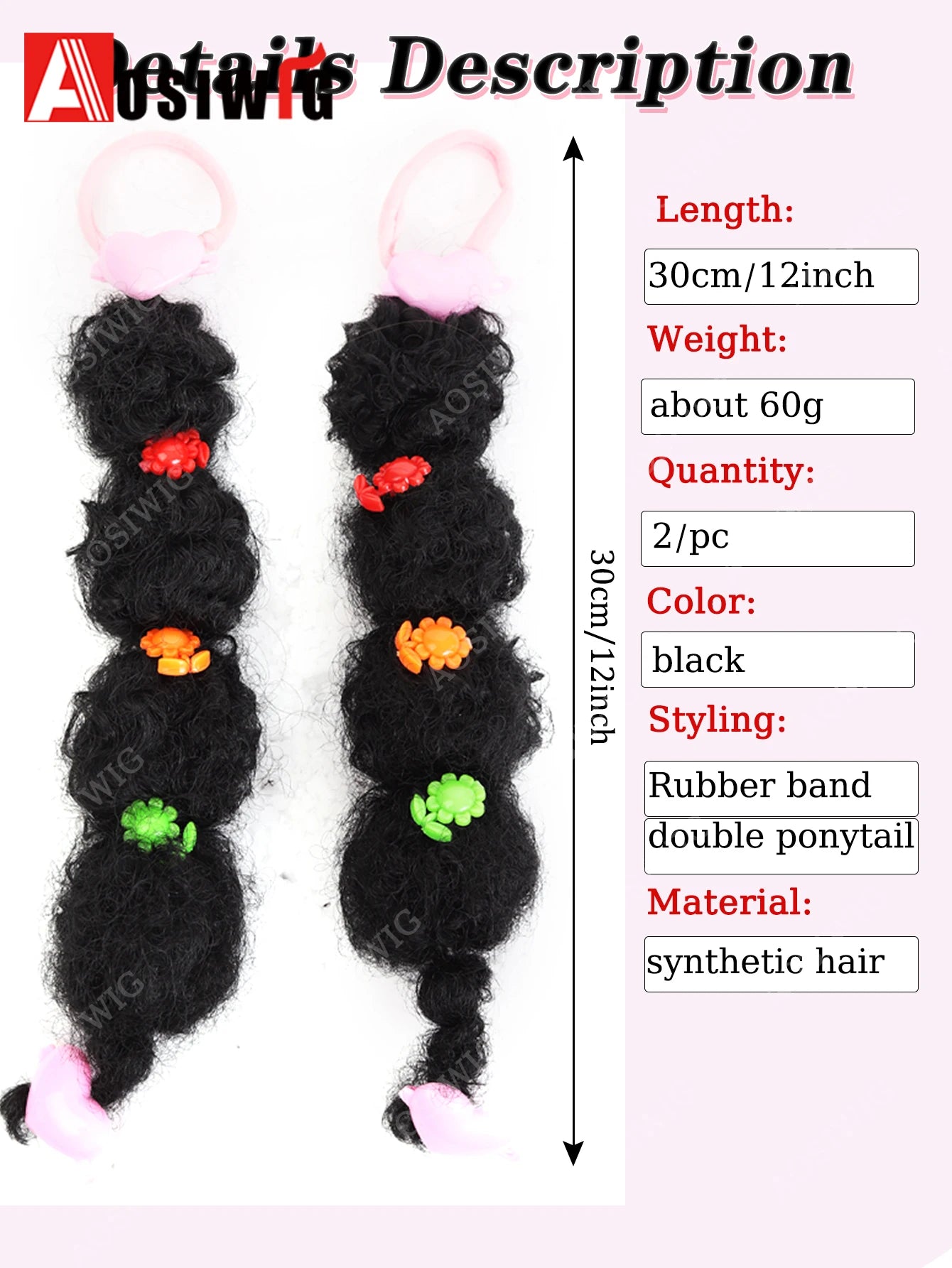 2pcs Kids Synthetic Black Bubble Puff Braid Ponytail Hair Extension With Cute Flower Accessories Wigs Hairpiece Braided Ponytail