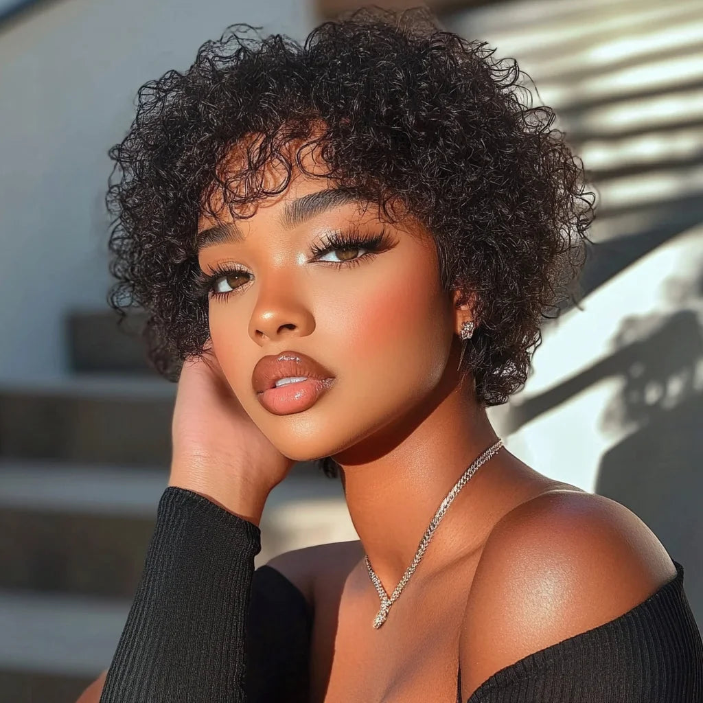 Peluca corta rizada kinky, pelucas de cabello humano, peluca afro rizada con corte pixie y flequillo, peluca brasileña marrón hecha a máquina, color degradado Rebecca