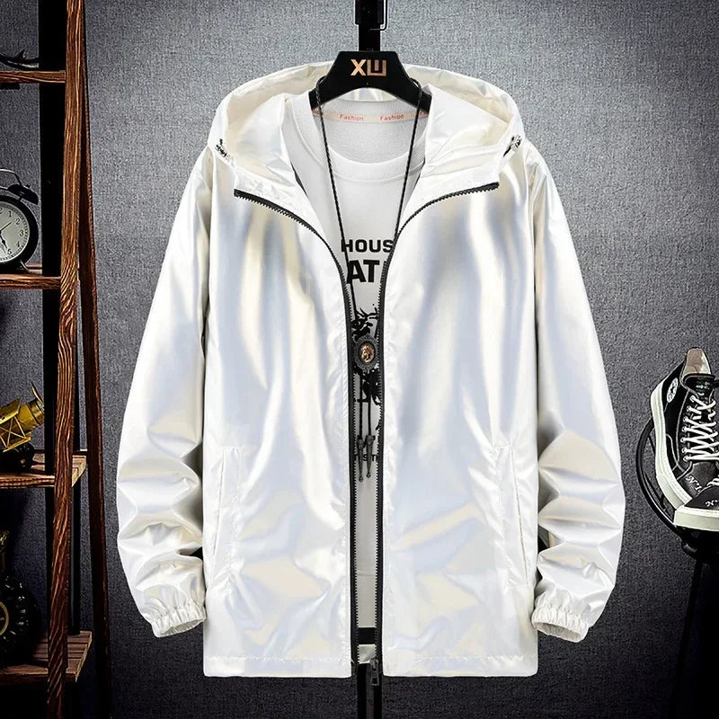 Chaquetas con capucha de superficie brillante para hombre, para senderismo, pesca, deportes al aire libre, cortavientos, estilo fino, abrigos de tendencia, ropa de hombre 7XL