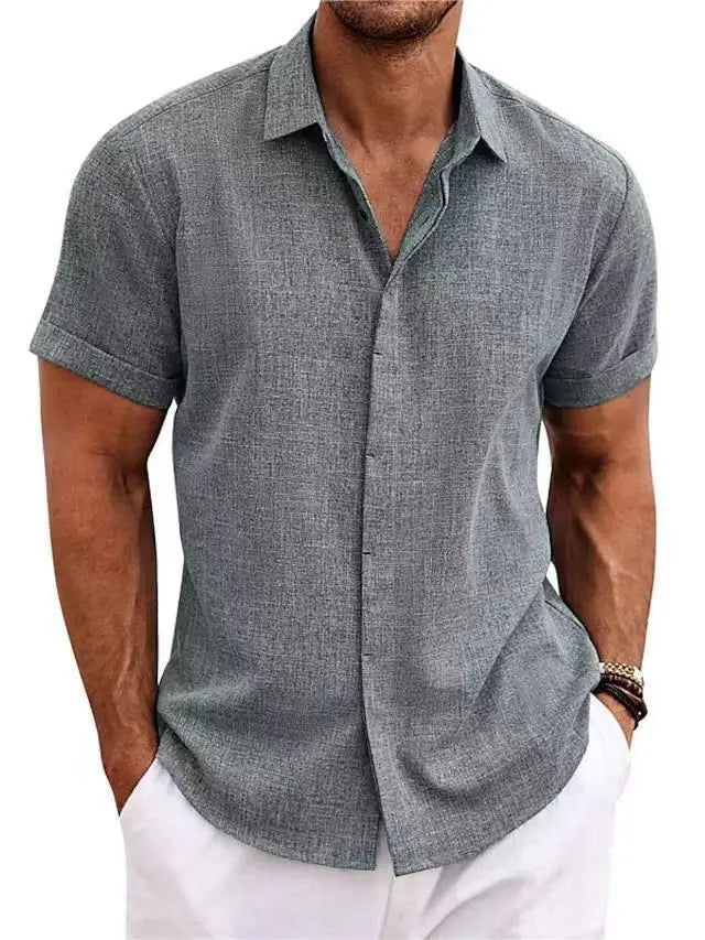 Men's White Shirt Short-sleeved Cotton Linen Comfortable Solid Color Basic Top Casual Black Button Blouses for Male
