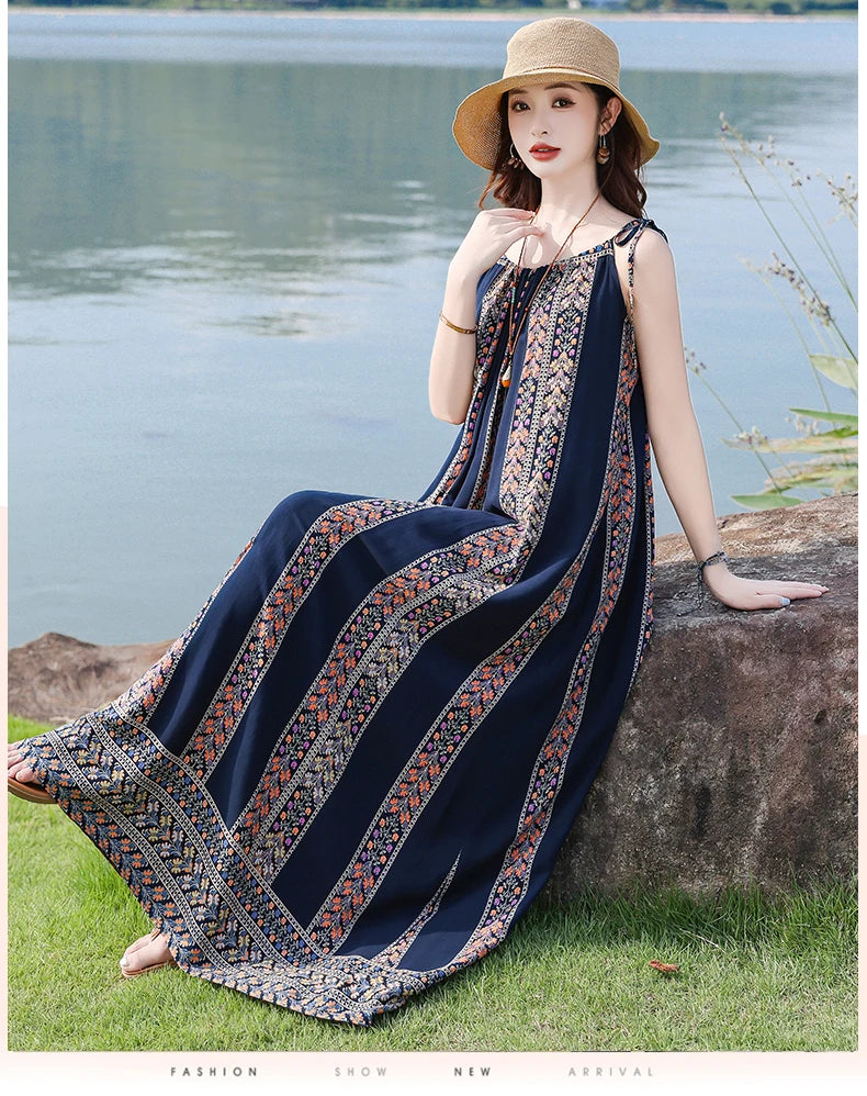 New Fashion Hot Summer Dresses For Women  Casual Flower Print Floral Sleeveless Dress Vintage Dress Loose Women Clothing