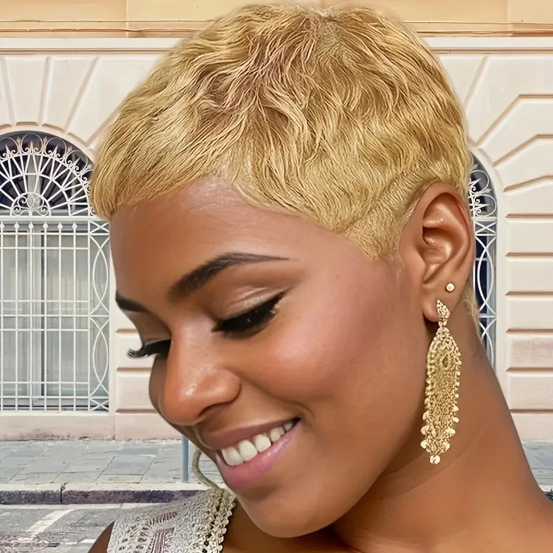 150% density 27# color short straight layered 4inch pixie cut human hair wig machine made  human hair daily use wig