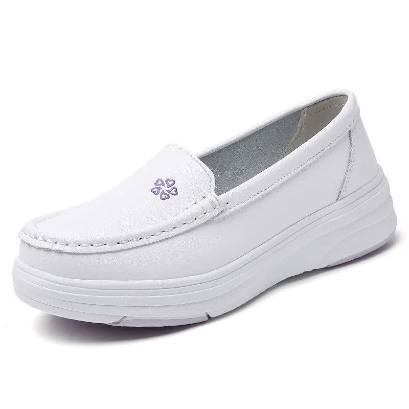 Nurse shoes with leather soft sole anti slip and breathable black thick sole women's work shoes
