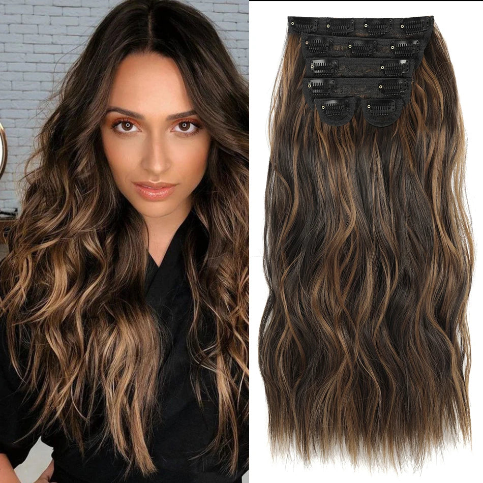 Extensions Long Synthetic Clip In Hair Wavy Clip In Hair Extensions 6Pcs/Set Piece Synthetic Ombre Blonde Brown Thick Hairpieces