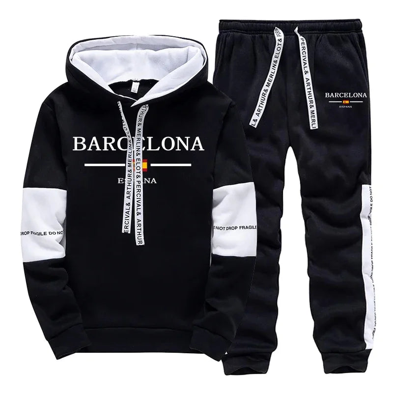 Barcelona Mens Sweatshirt Sweatpants Autumn Winter Casual Sporty Jogger Set Urban Fashion Street Style Hoodie Sportswear