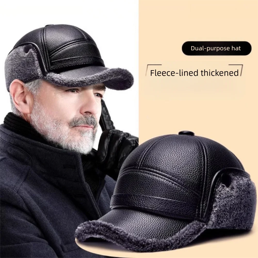 High Quality PU Leather Baseball Cap Cold Proof with Earflaps Thermal Hat Windproof Ear Protection Hat Winter