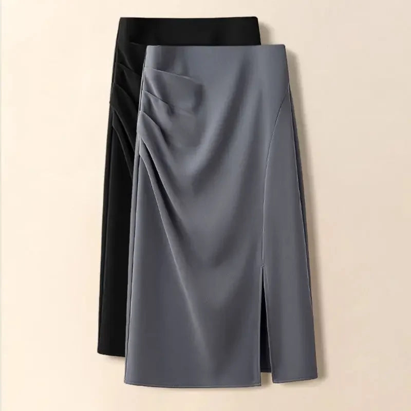 Suit Skirt  Women Mid-length High Waist Slimming Pleated A-line Skirt Temperament Slit One-step Skirt