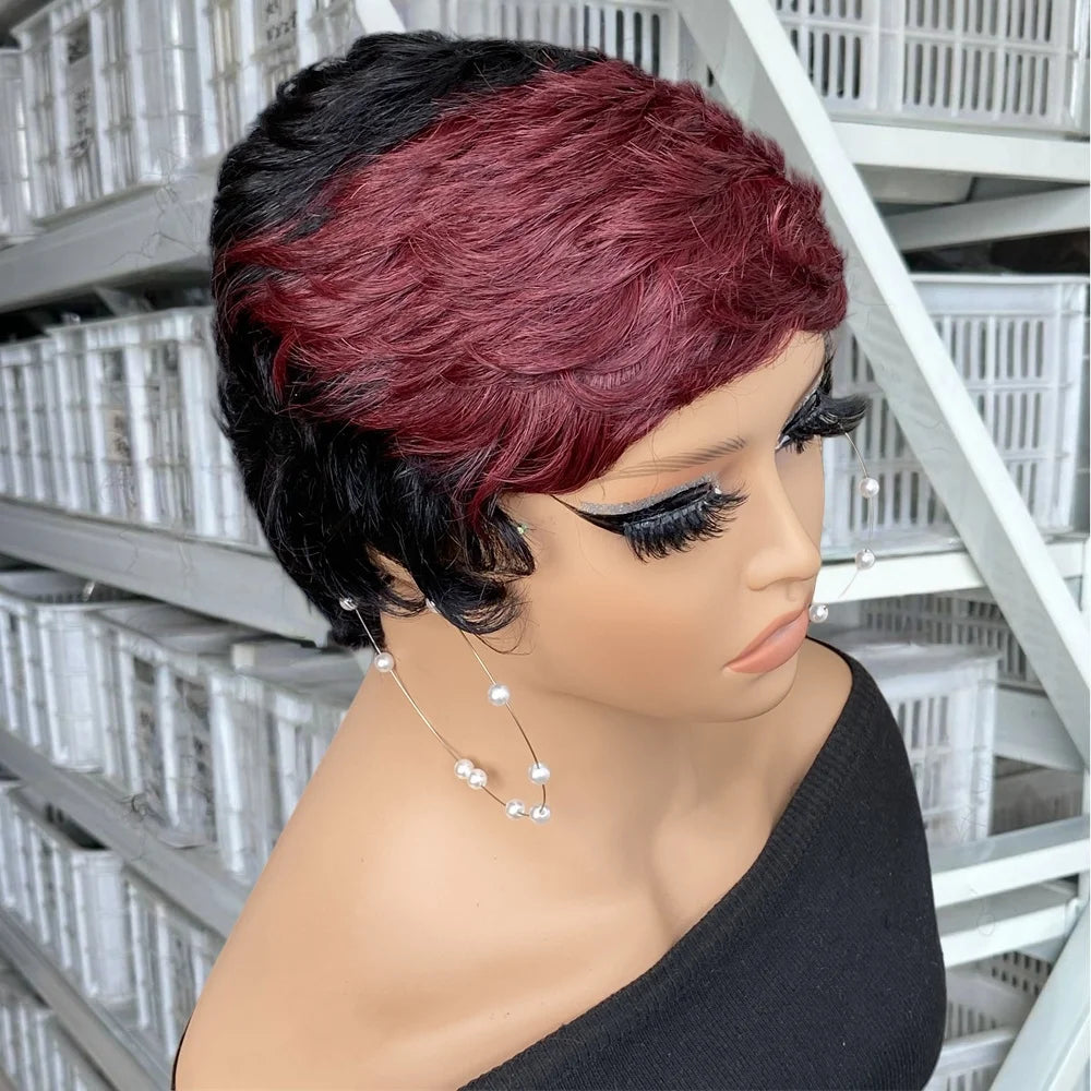 6 Inch Human Hair Pixie Cut Wig for Women Short Curly Wig Black and Honey Blonde Ombre  Full Machine Made Wig