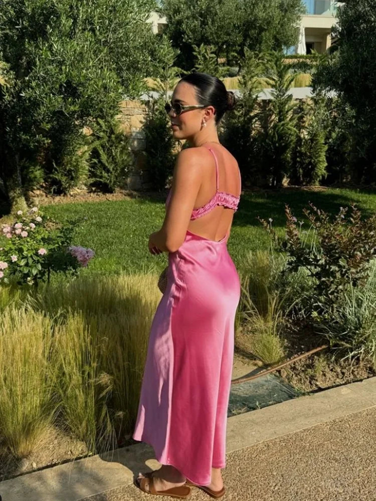 women's clothing summer new beach style fashion temperament elegant satin texture ruffled sling midi dress 3573/331