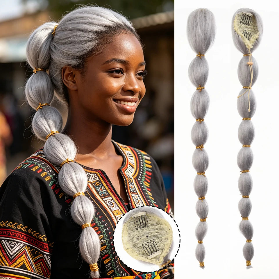 Queue de cheval bouffante afro synthétique longue droite Yaki avec tresses en lanterne, extension de queue de cheval à bulles avec cordon de serrage et pince pour femmes noires