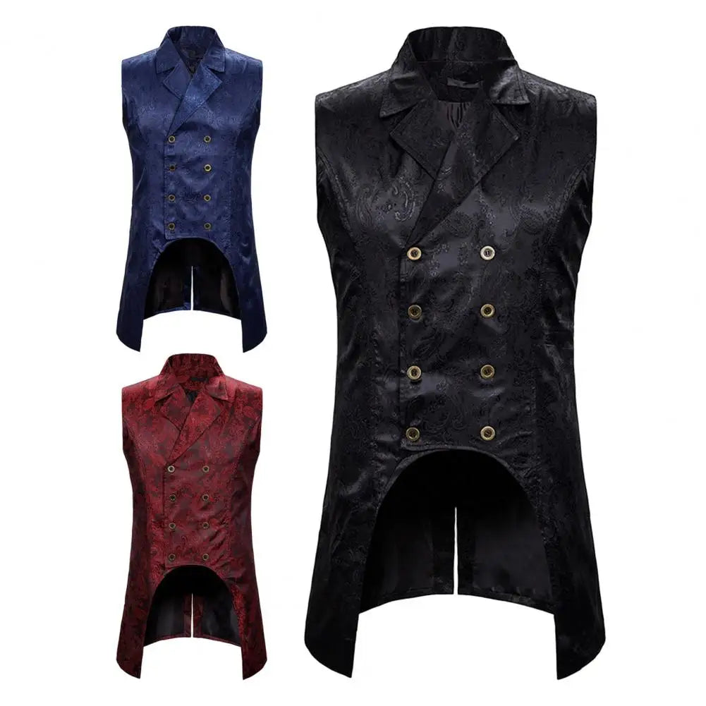 Men Vest Retro Sleeveless Slim Fit Mid Length Vest Lapel Double-breasted Split Hem Loyal Gentlemen Medieval Waistcoat