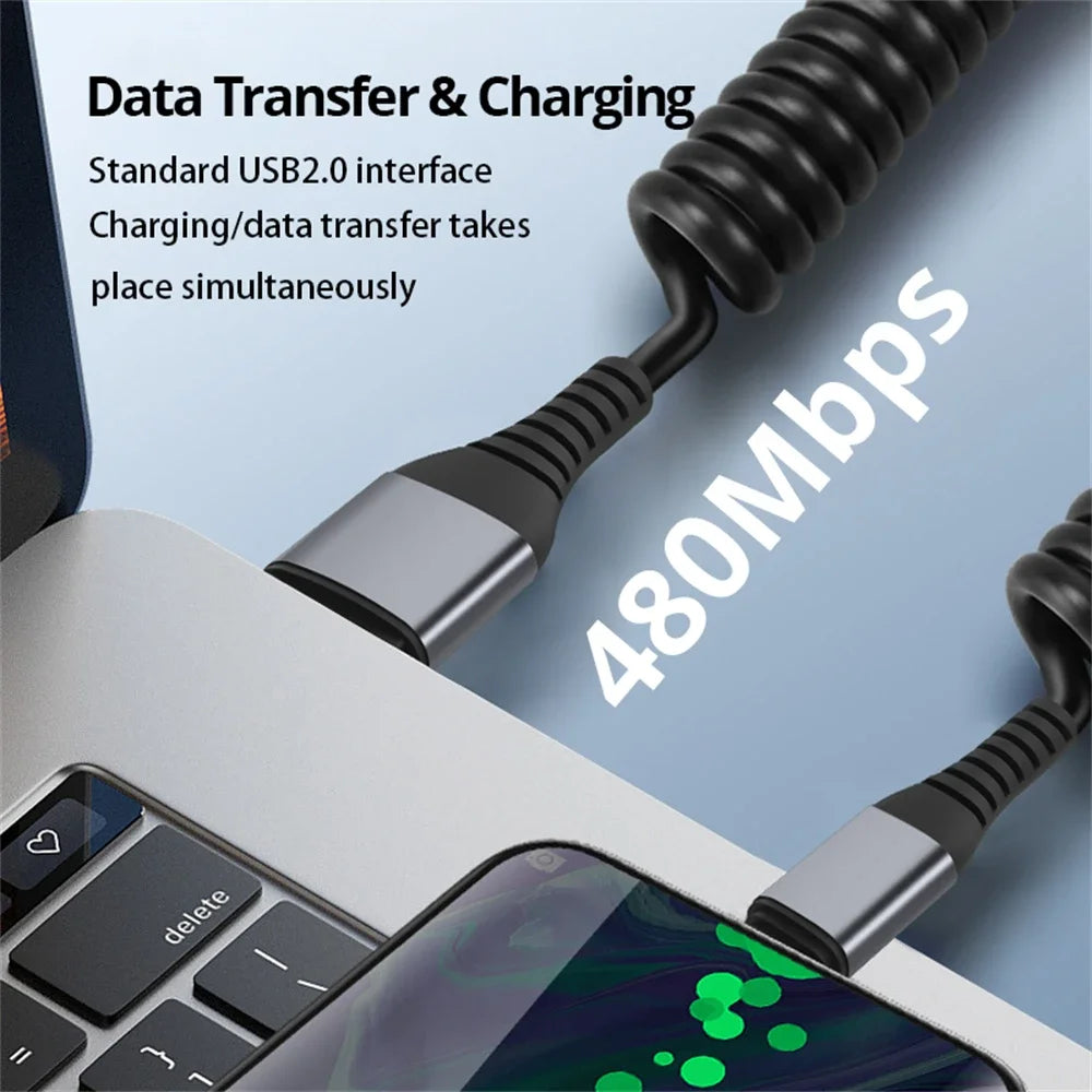 66W Spring Stretch Fast Charging Cable USB A to Lighting For iPhone 14 13 12 11 Pro Max X XS 8 7 iPad 9 Data Cable Accessories