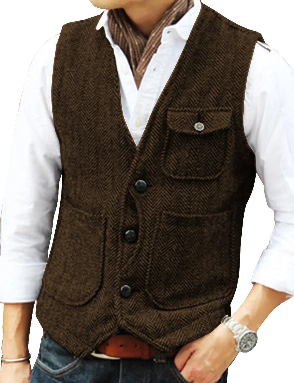 Vest Men's Casual Tooling Formal Herringbone Tweed Brown V Neck Wool Waistcoat Business Vest Groomsman For Wedding Prom