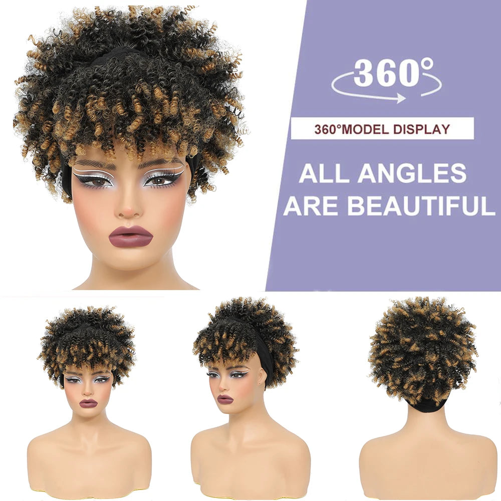 Afro Curly Headband Wigs Short Kinky Curly Wigs with Headbands Attached Scarf Wig For Women Synthetic Afro Puff Wigs with Bangs