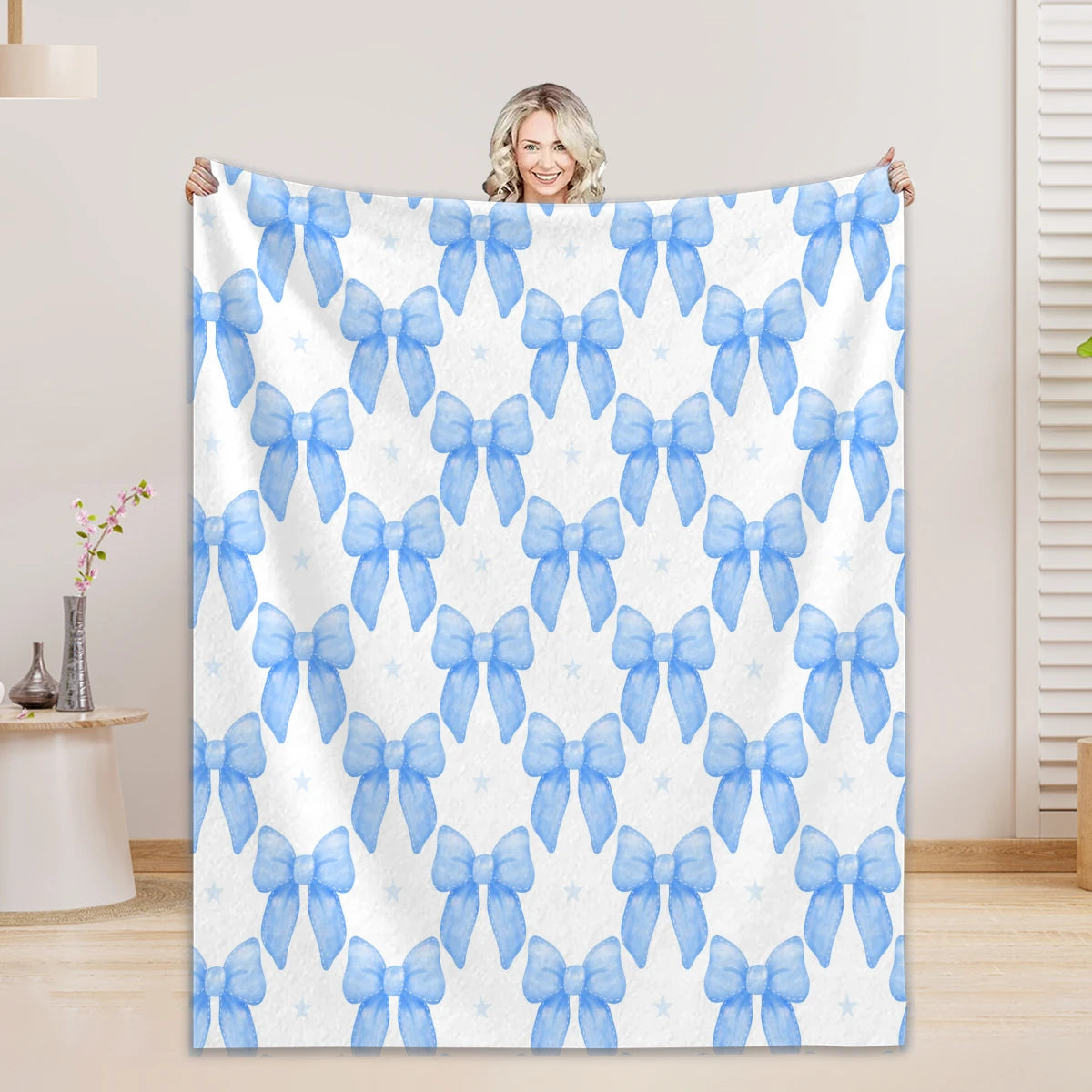 1PC Throw Blanket Blue Bow 3D Printed Soft Fuzzy Nap Blanket Bedspreads All Seasons Gifts For Girl Women Adult Flannel Blanket