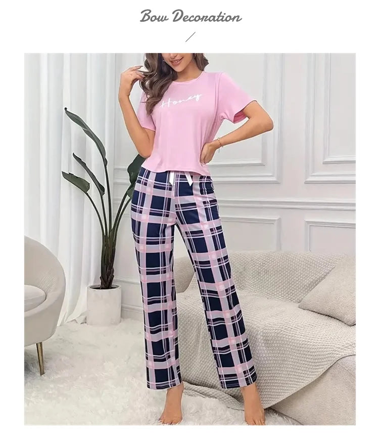 Women's Pajamas Set Soft Comfortable Letter Print T-Shirt & Plaid Long Pants Sleepwear 2 Pieces Home Clothes Loungewear Pyjama