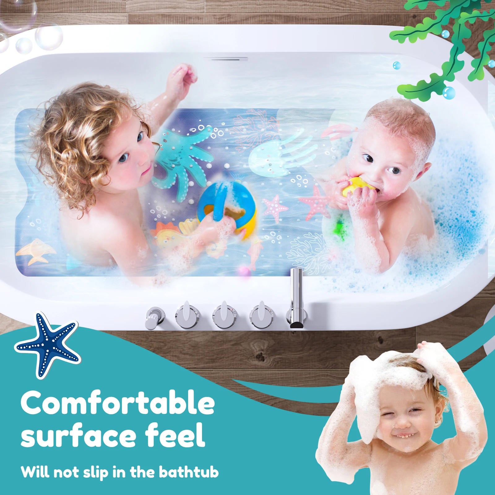 Alfombrilla de Baño Antideslizante para Bebés con Ventosas y Agujero de Drenaje, Alfombrilla de Ducha para Niños con Diseño de Mundo Marino de Dibujos Animados