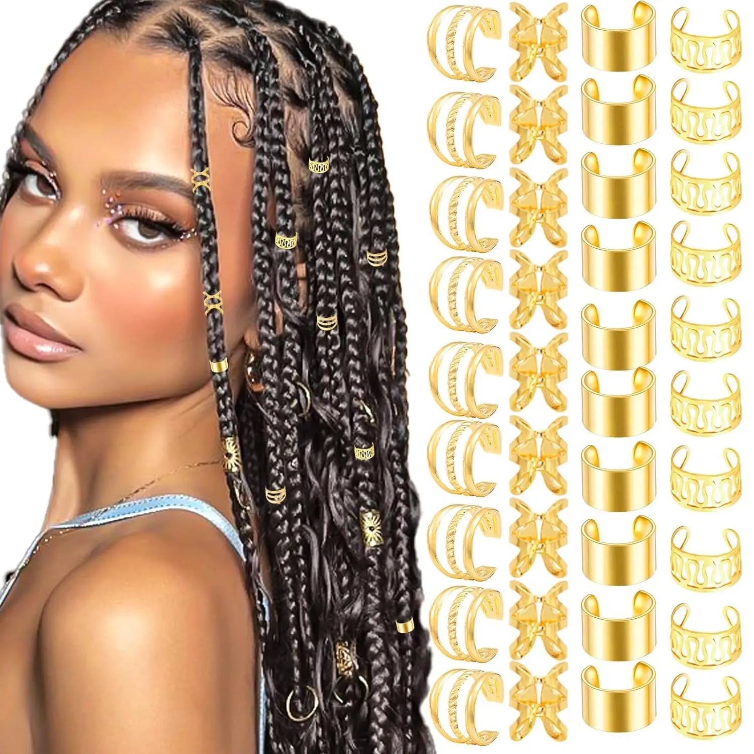 40pcs/set Hair Jewelry for Braids Gold Hair Cuffs Multi Style Rings Adjustable Hair Beads for Braid Dreadlock Accessories