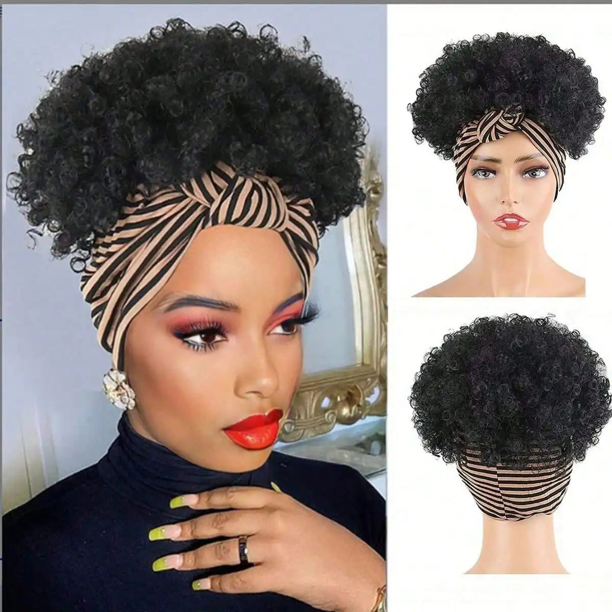 Women Afro Kinky Curly Wig With Synthetic Short Hair Wigs With Headband Attached Headwrap Wigs Kinky Curly Headband Wig
