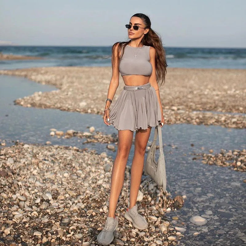 Pink Pleat Skirt Set Women Sexy Backless Tank Top and Mini Skirt Outfits Summer Elegant Solid Basic Casual Two Piece Set 2024