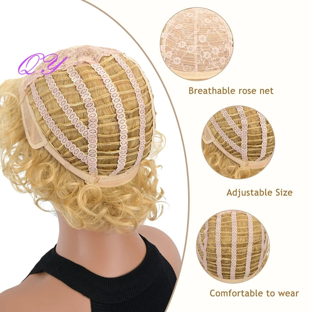 Synthetic women's gold wig with bangs, elegant and naturally curly, adjustable and high-quality fluffy wig for daily or holiday