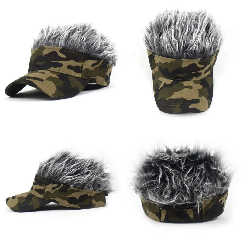 Gorra Unisex Verde Militar Camuflaje Estampado Anti-UV Golf Béisbol Pelo Sintético con Púas Sombrero Deporte Correr Peluca Parasol