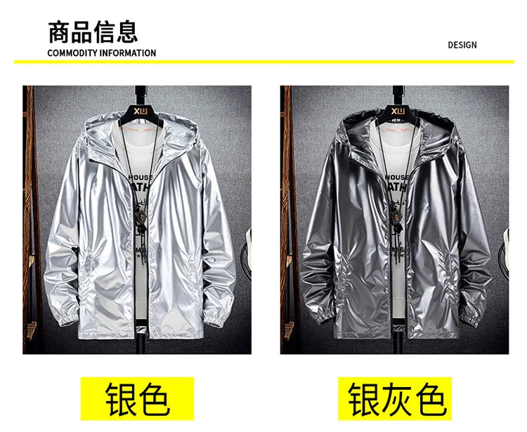 Chaquetas con capucha de superficie brillante para hombre, para senderismo, pesca, deportes al aire libre, cortavientos, estilo fino, abrigos de tendencia, ropa de hombre 7XL