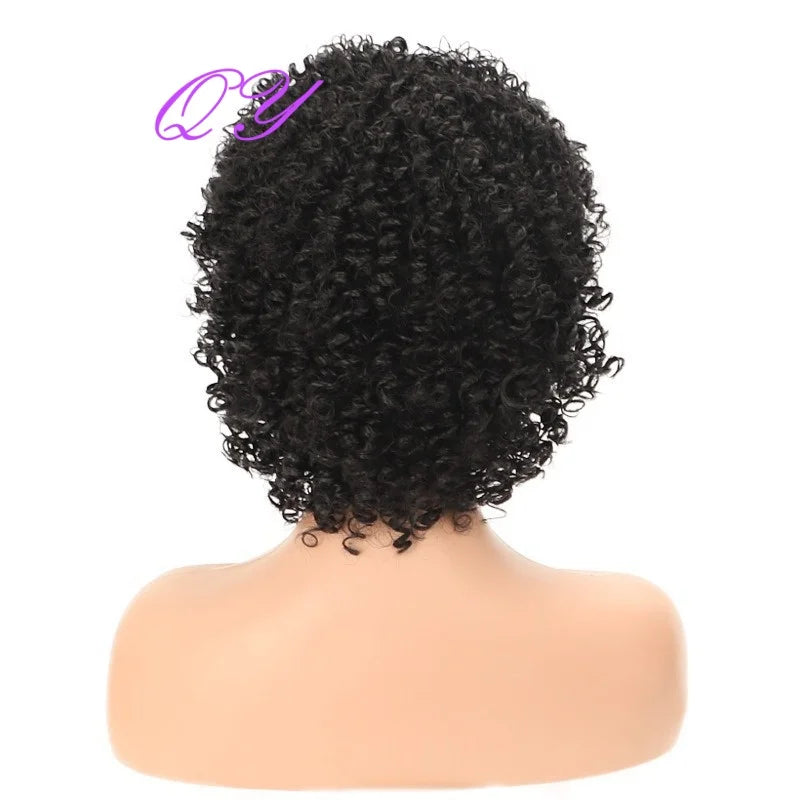 Kort afro kinky krøllete parykk med lugg, syntetisk hår for svarte kvinner. Naturlig utseende til daglig bruk eller fest.