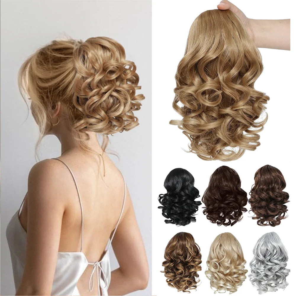 Short Synthetic curly Drawstring Ponytail extensions with Clip in Hairpieces for Women daily use that beginners friendly