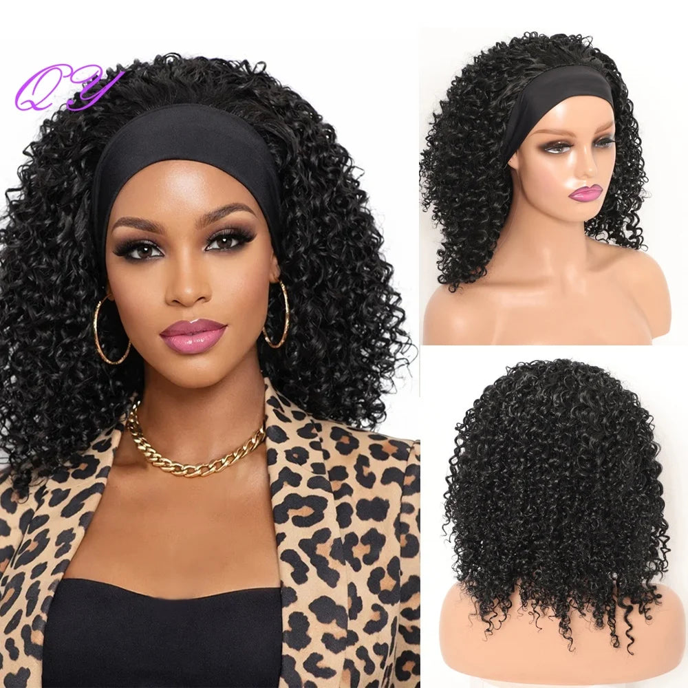 Synthetic Headband Wig Afro Kinky Curly Natural Black Color Turban Wig  For  Women Daily Or Party Use