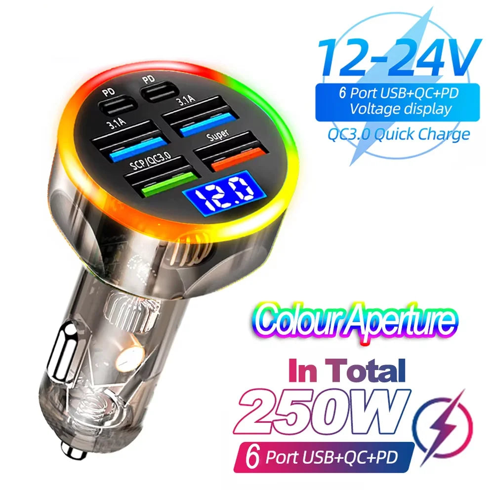 Cargador de coche PD de 250 W, carga rápida QC3.0, enchufe de encendedor de cigarrillos para coche 6 en 1, cargador de coche de 5 puertos con carga rápida y pantalla digital
