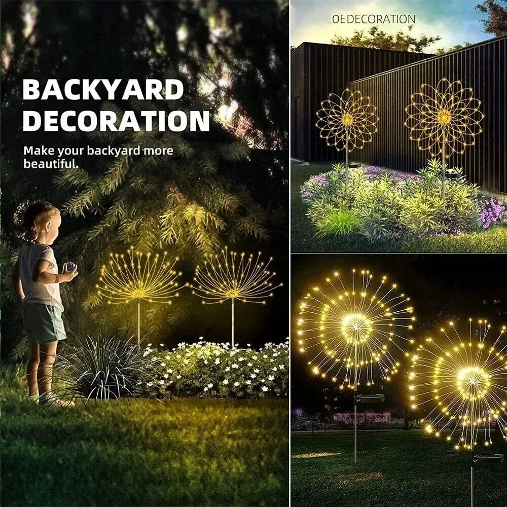 Guirlande lumineuse solaire LED extérieure en forme de feu d'artifice, étanche, en forme de pissenlit, pour la décoration de jardin et d'aménagement paysager. Décoration de pelouse et d'aménagement paysager.