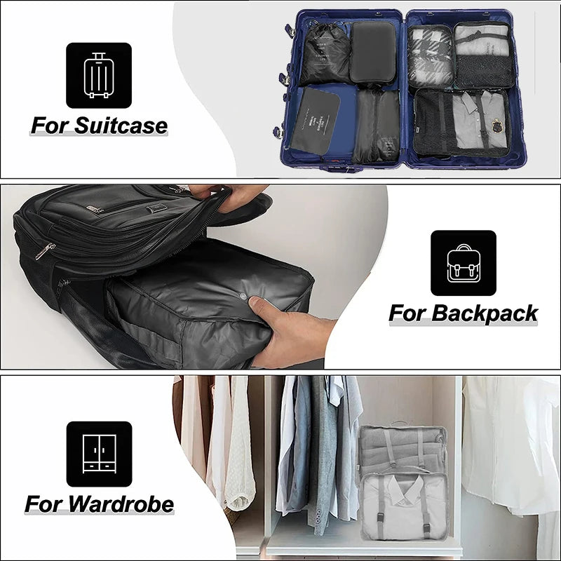 7PCS Travel Packing Cubes Luggage Pouches Organiser Clothes Suitcase Storage Bag