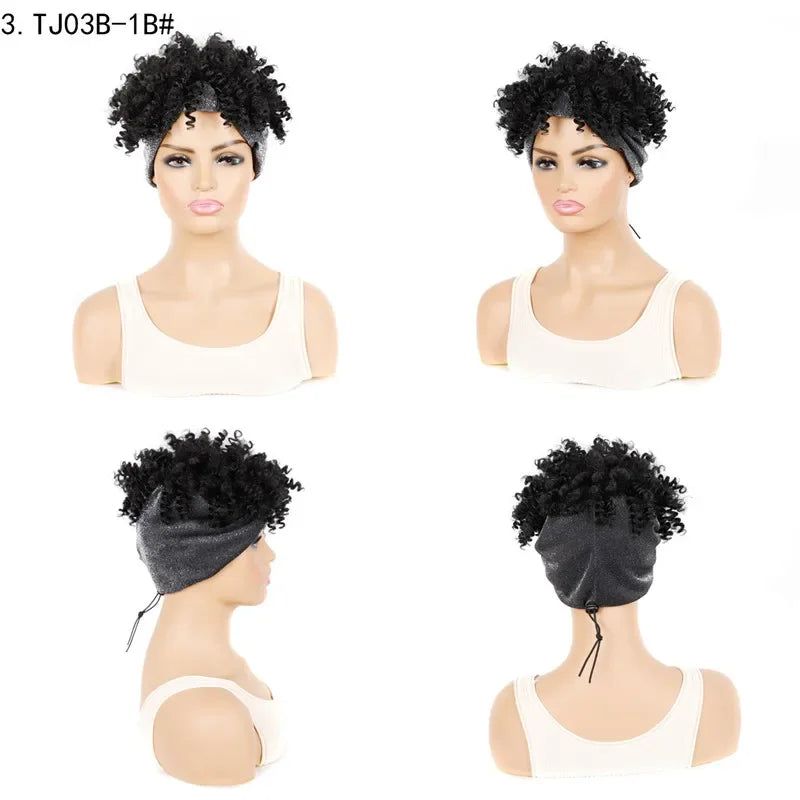 Fluffy Headband Wigs for Black Women Short Afro Kinky Curly Headwrap Wig High Temperature Natural Synthetic Headband Scarf Wig