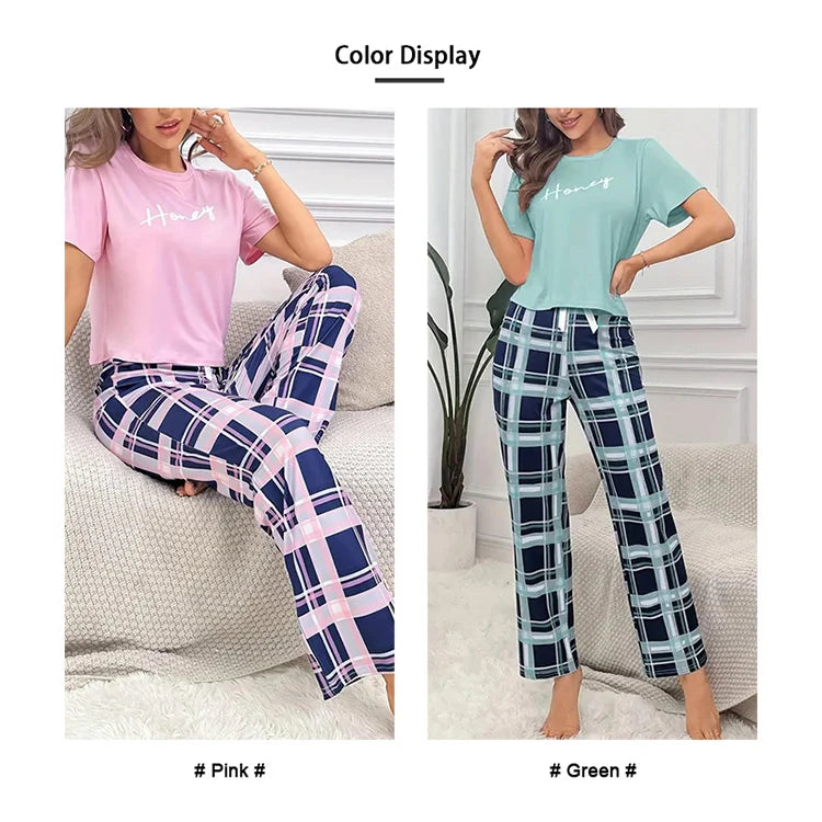 Women's Pajamas Set Soft Comfortable Letter Print T-Shirt & Plaid Long Pants Sleepwear 2 Pieces Home Clothes Loungewear Pyjama