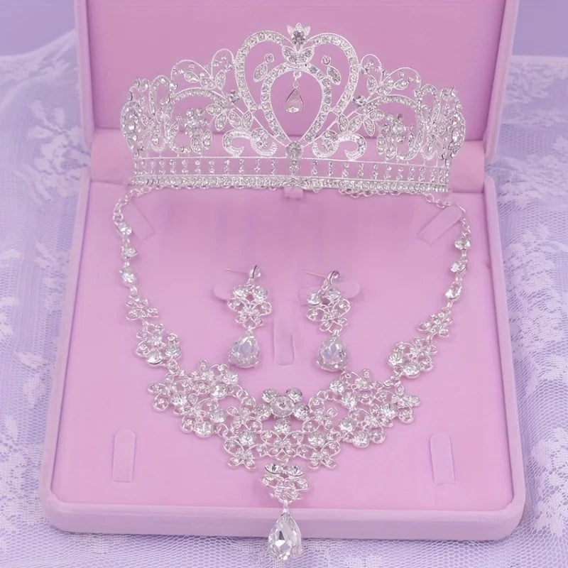 Bridal Jewelry Sets Crown Necklace Earrings Four Pack Silver Colour Women's Fashion Wedding Tiaras(excluding boxes)