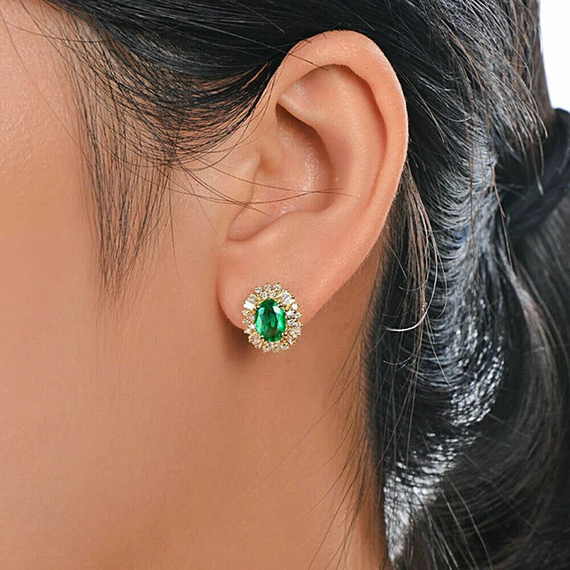 Huitan Oval Green Cubic Zircon Earrings for Women New Trendy Temperament Female Ear Accessories Party Luxury Jewelry Fancy Gift