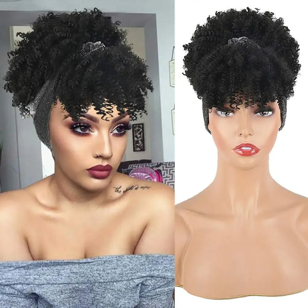 Synthetic wig short head African curly hair wig black female soft curly hair strap African headscarf wrapped around hair