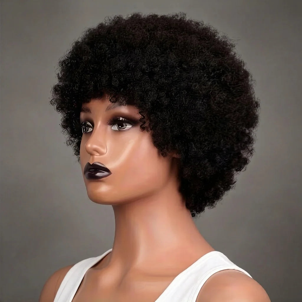 8 tommer kort Afro Kinky krøllete brasilianske menneskehår parykker for kvinner, helmaskinlagde parykker til daglig bruk