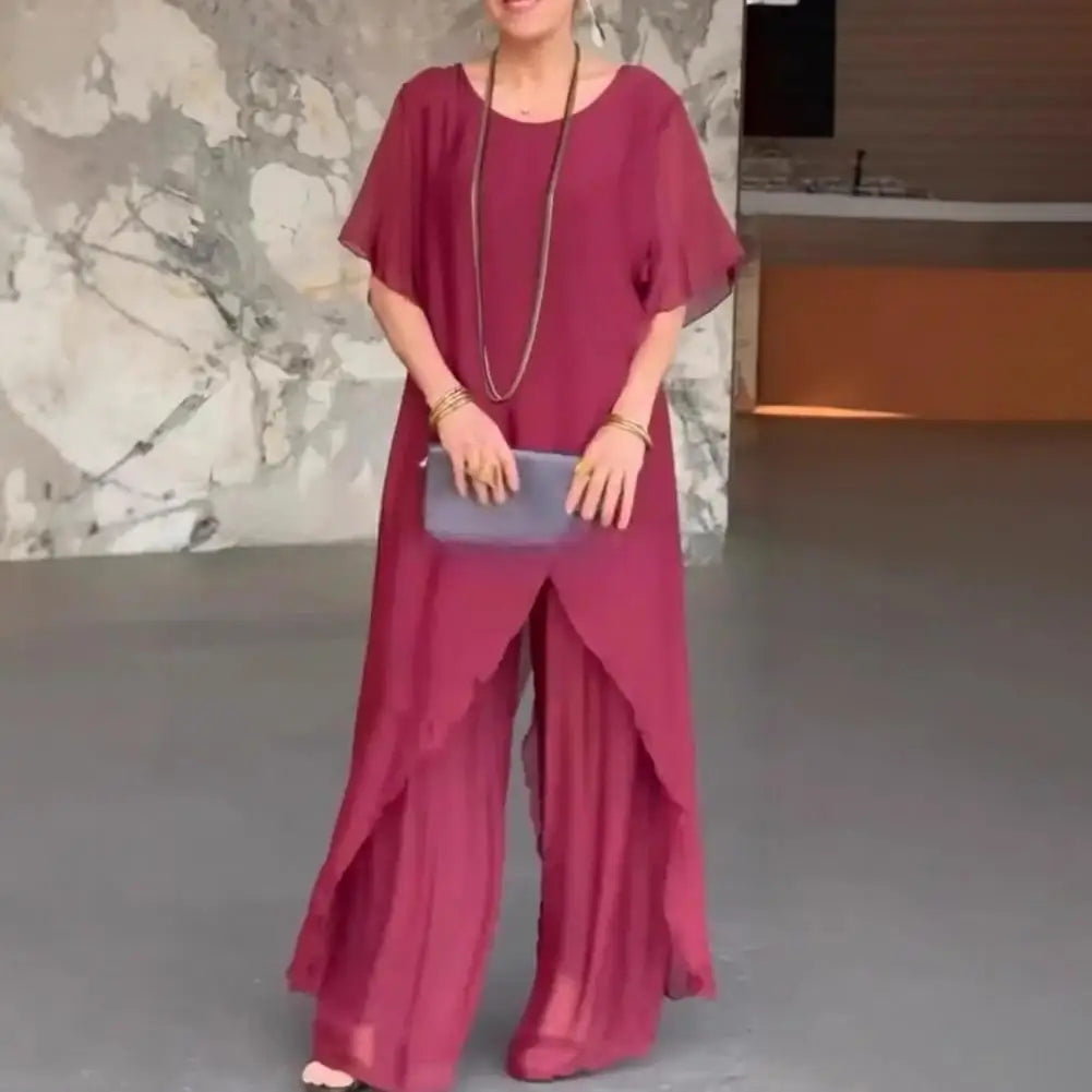 Women Two Piece Sets Pant Set Irregularity Round Neck Full Sleeve Tops Shirt Solid Splice Casual Loose Wide Leg Long Pants