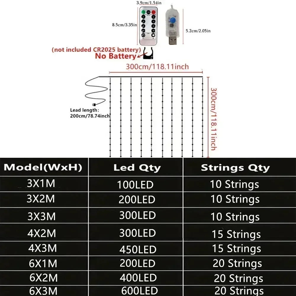 Christmas Fairy Light Party Birthday Decoration 8 Mode LED Holiday Garland Wedding USB Curtain String Light Home Decor 3M 6M