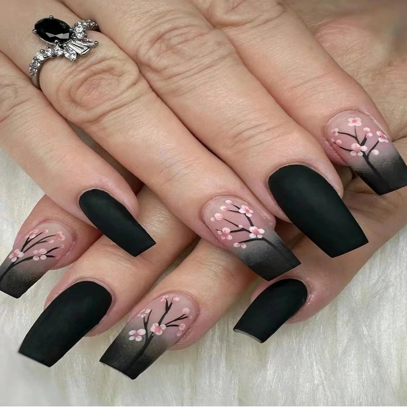 24 pcs short square French simple flower nails +1 nail glue +1 nail file
