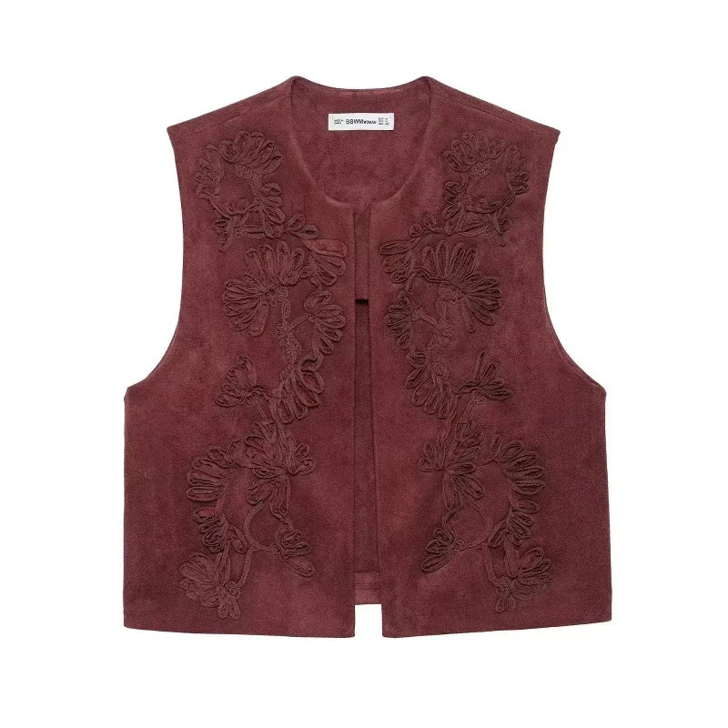 Embroidered Vests For Women Fashion Suede Elegant Sleeveless Coat Short Vest Streetwear Casual Chic Waistcoat Top