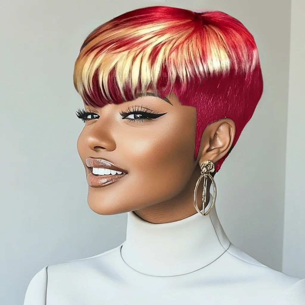 Pixie Cut Parykker For Kvinner Brasiliansk Ekte Hår 99J Rød 613 Kort Parykk Med Pannelugg Lagdelte Pixie Cut Parykker Full Maskinprodusert Parykk