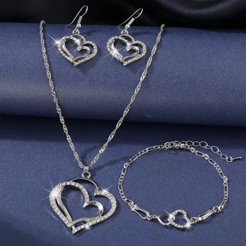 Women's Fashion Double Heart Jewelry Set Girls Delicate Necklace Earrings Bracelet Trendy Accessories Anniversary Wedding Gift