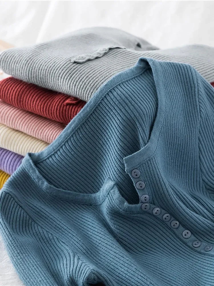 Korea Autumn Winter Button V Neck Sweater Women Basic Slim Pullover Women Sweaters And Pullovers Knit Jumper Soft Warm Tops