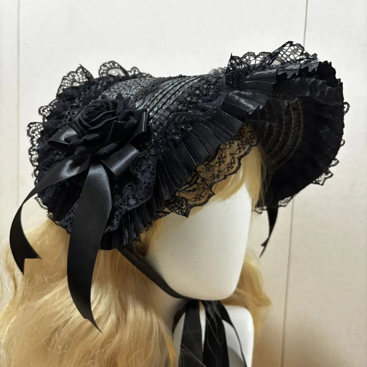 Lolita Flowers Pleated Lace Print Lace Up Women Straw Hat Spring Sweet Girls Cosplay Hair Clip Cap Kawaii Lolita Caps Black Hat